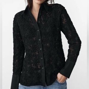 Zara NWT black embroidered button down, small